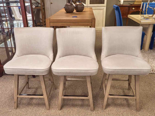 Set of 3 Custom Vegan Grey  Upholstered Counter Stools with Nickel Nailhead Trim