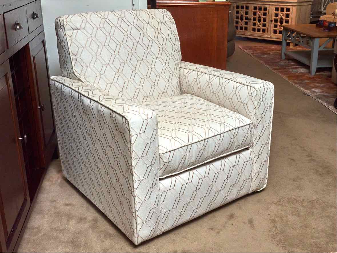 Swivel Chair with Track Arm in Ivory & Beige Trellis Design Upholstery