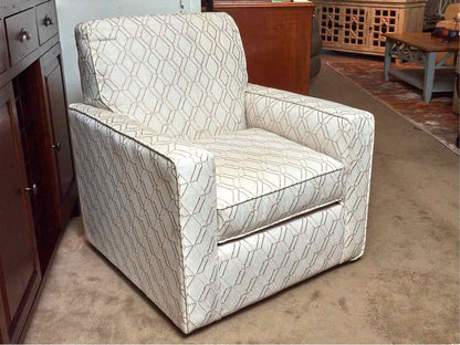 Swivel Chair with Track Arm in Ivory & Beige Trellis Design Upholstery