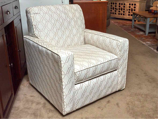 Swivel Chair with Track Arm in Ivory & Beige Trellis Design Upholstery