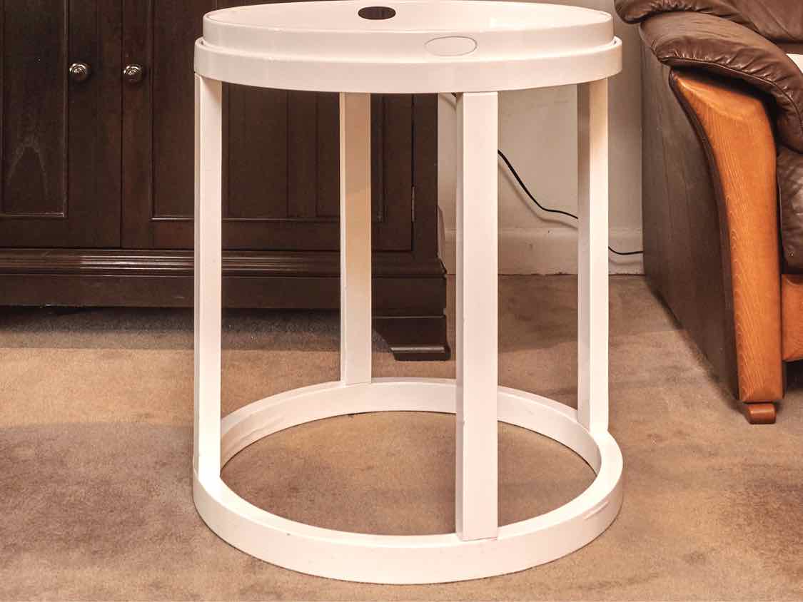Pair  Of White Laminate Round Removable Tray Side Tables