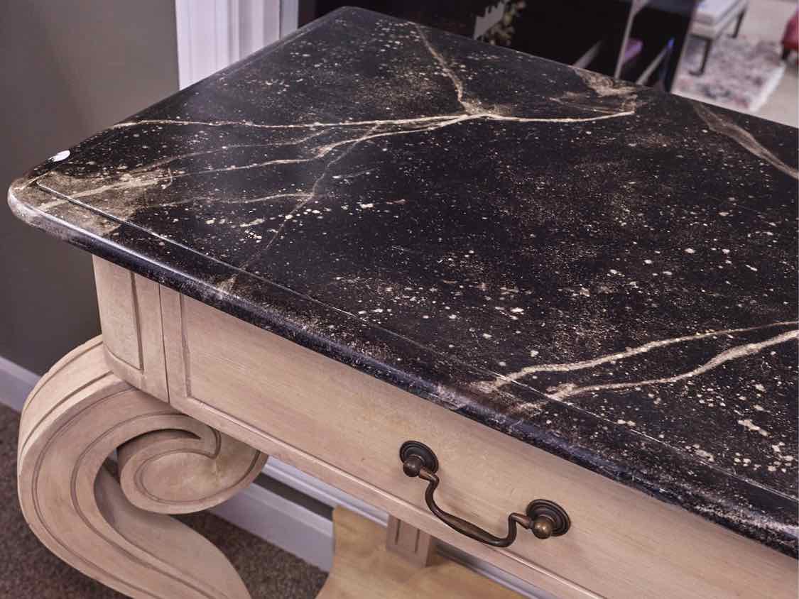 Scrolled Base Console in Antique Yellow with Black Faux Marble Top