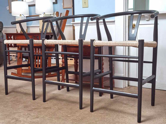 Set Of  3 Pottery Barn 'Crescent' Black Finish Synthetic Wicker Counter Stools