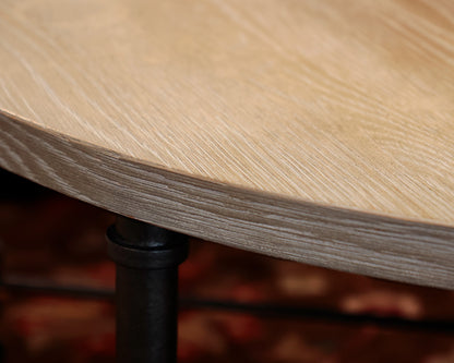 Round Natural Wood Cocktail Table With Black Metal Base