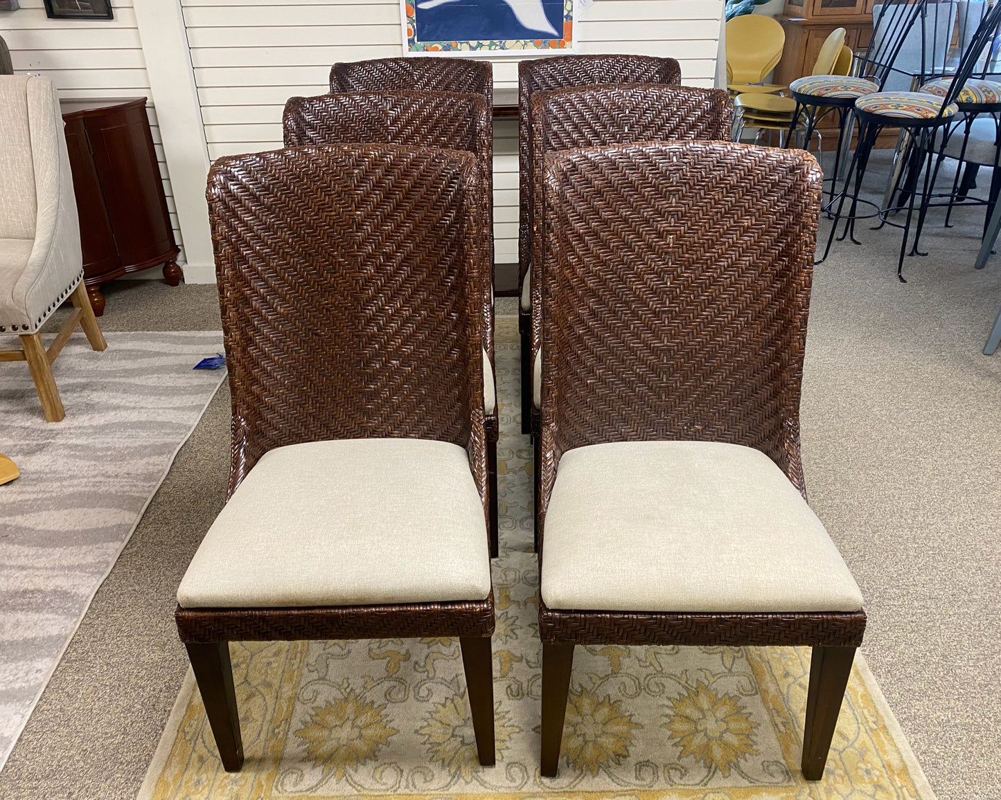 Set of 6 Painted Wicker Dining Chairs in Brown with Beige Seats