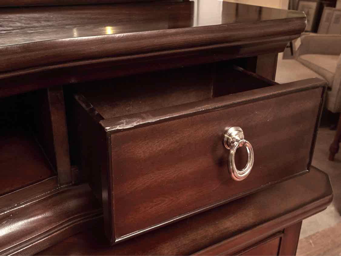 Espresso Finish 5 Drawer 3 Door Chrome Knobs &  Attached Mirror Sideboard