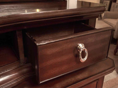 Espresso Finish 5 Drawer 3 Door Chrome Knobs &  Attached Mirror Sideboard