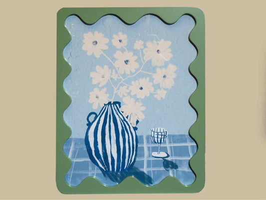 Blue & White Still Life II  in Wavy Green Frame