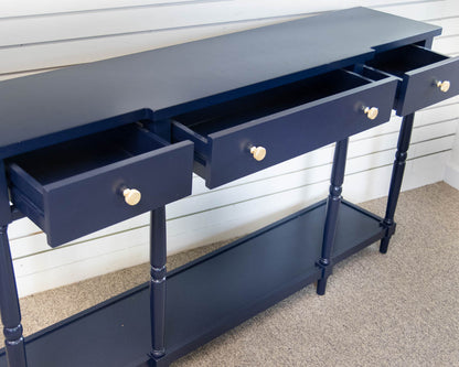 Breakfront Console with Drawers and Shelf in Navy with Gold Pulls