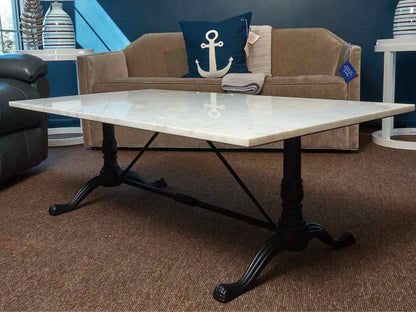 Pottery Barn White Marble Cocktail Table with Black Wrought Iron Base