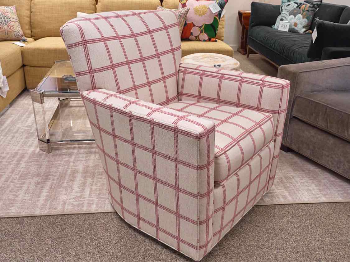 Pair of Ethan Allen 'Turner' Swivel Chairs in Red & Cream Buffalo Check
