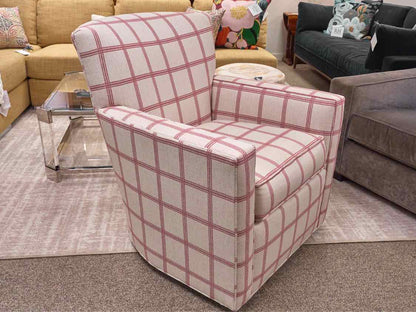 Pair of Ethan Allen 'Turner' Swivel Chairs in Red & Cream Buffalo Check