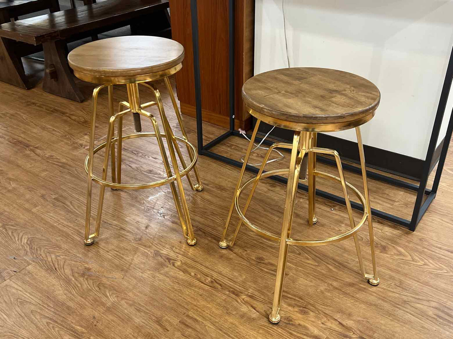 Pair of Wood & Brass Bar Stools
