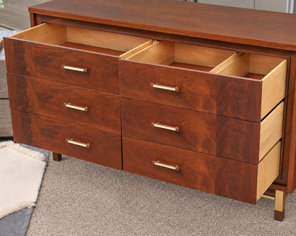 Walnut Mid Century Modern 6 Drawer  Dresser with Brass Accent Handles