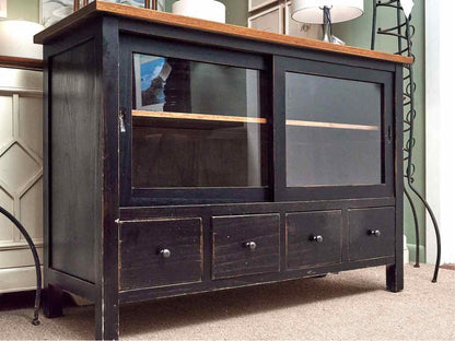 Rustic Amish Oak Top Black Finish 2 Sliding Doors 4 Drawers  Media Furniture