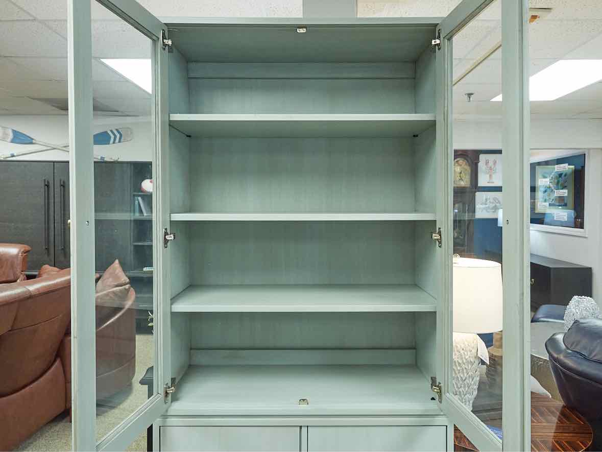Gat Creek Tomlin Glass Cabinet Hand Glazed in Light Rain w/ Satin Knob & Pull