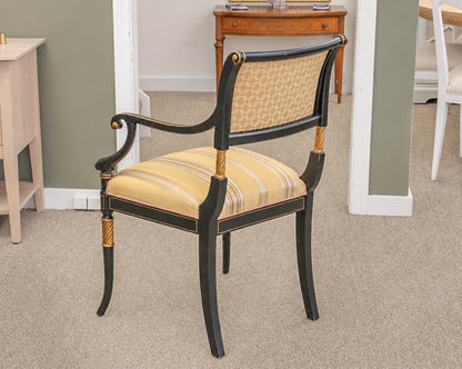 Pair of Regency Ebonized Arm Chairs with Gold Trim & Striped Yellow Silk