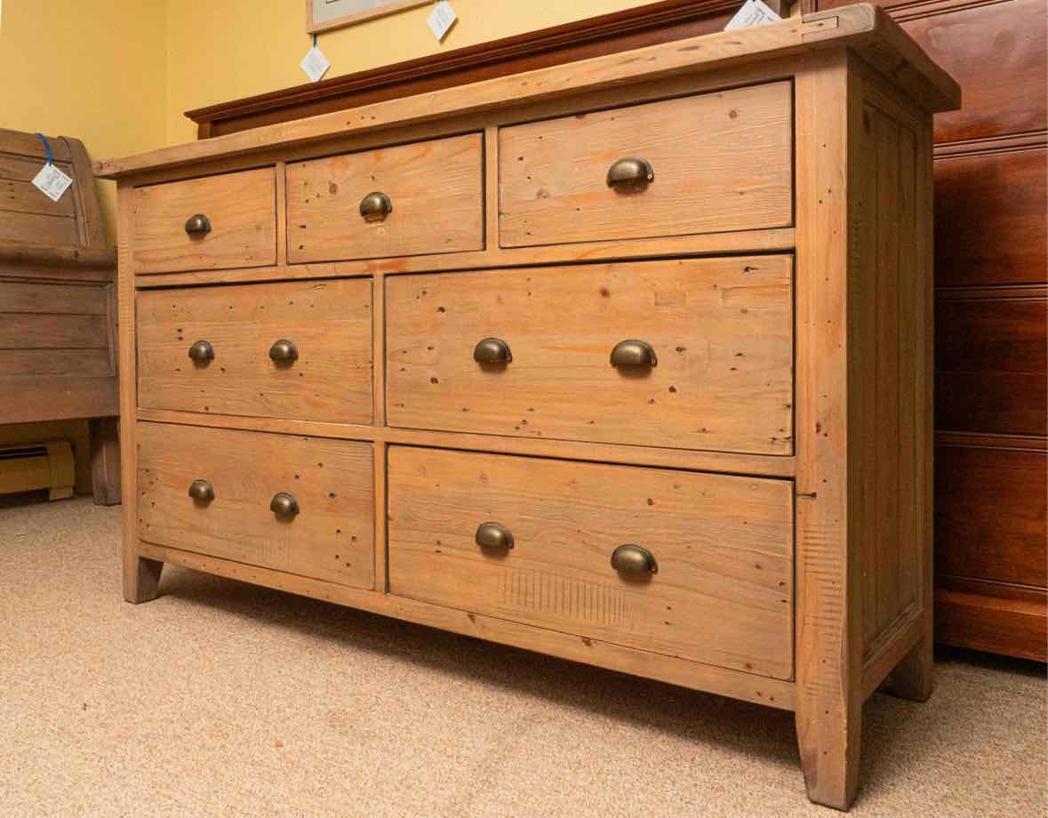 Four Hands Reclaimed Wood 7 Drawer Dresser in Sundried Wheat Finish with Mirror