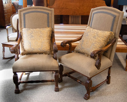 Pair of  Upholstered Burlap  Host & Hostess Carved Arm Dining Chairs