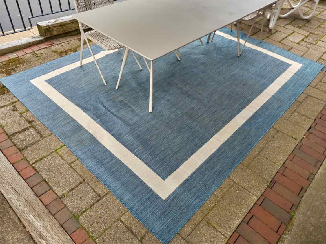 Outdoor Denim Blue Area Rug W/ Ivory Border