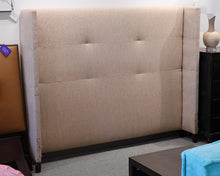 King Bed Upholstered in a Beige/Gold Woven Fabric. HB/LPFB/Rails/Metal Slats