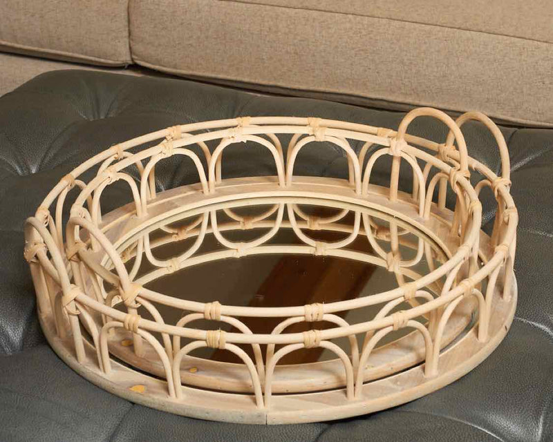 Pair Of Natural Rattan Handle Mirrored Trays
