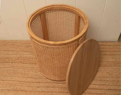 Round Natural Wood With Woven Rattan Storage Accent Table