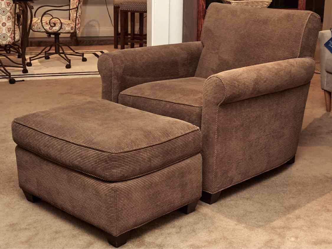 Crate & Barrel Olive Brown Corduroy Upholstered Chair with Matching Ottoman