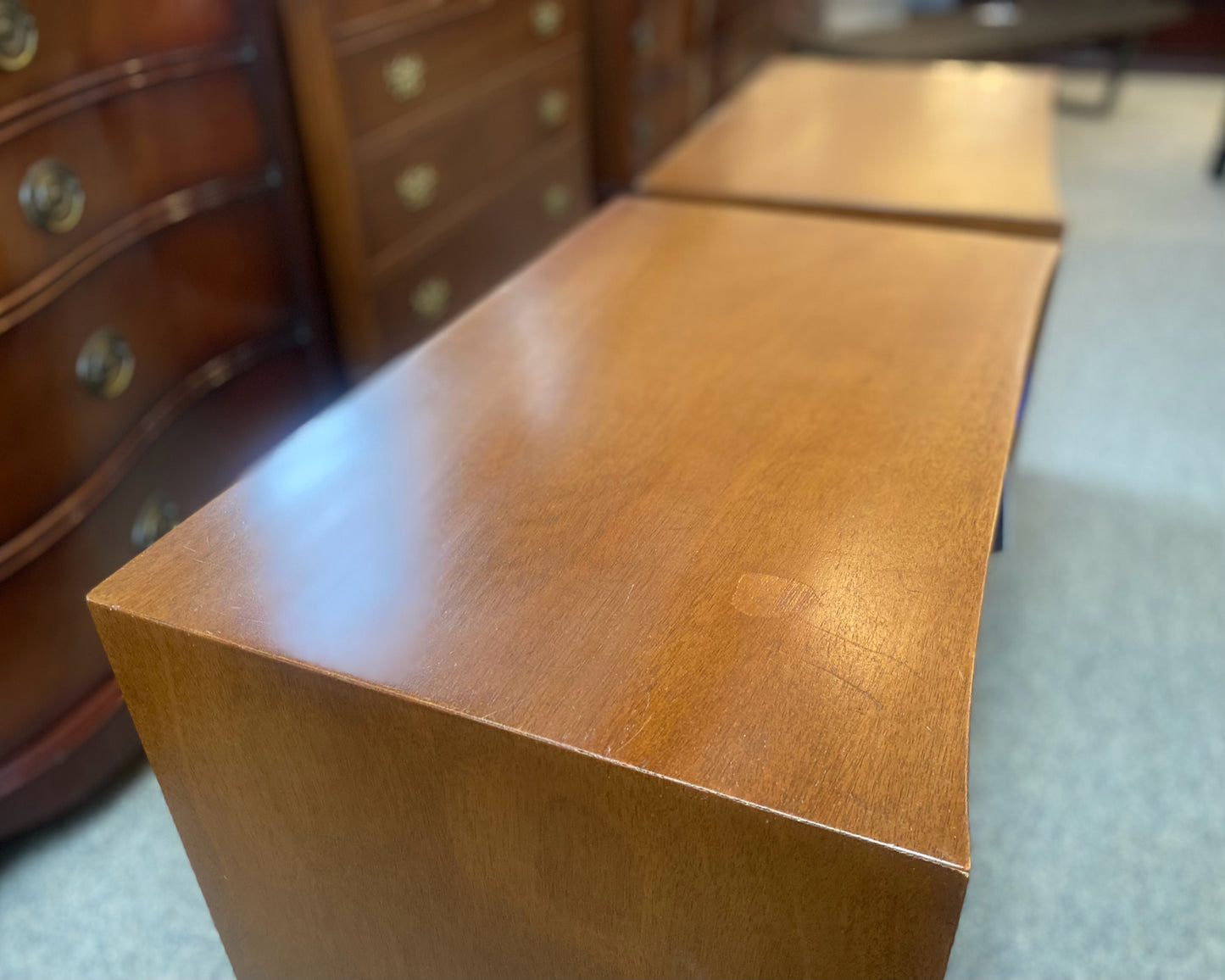 Pair of Red Lion Solid Mahogany MCM Style Nightstands