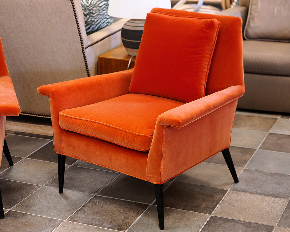 Pair of Vintage MCM Orange Velvet Lounge Chairs