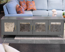 Custom Media Console in Grey Finish with Mirrored Doors & Satin Gold Hardware