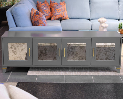 Custom Media Console in Grey Finish with Mirrored Doors & Satin Gold Hardware