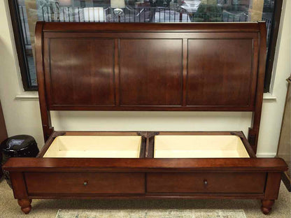 King Louis Phillip Style Sleigh Storage Bed in Bourbon Finish