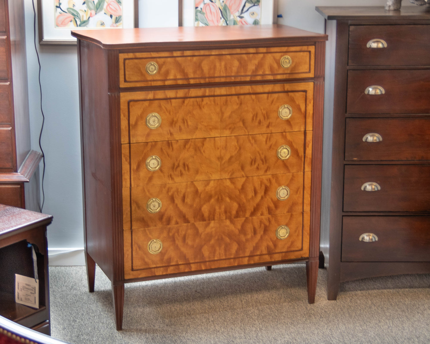 Paine  Mahogany Bow Front Chest W/ 5 Satin Wood Drawers