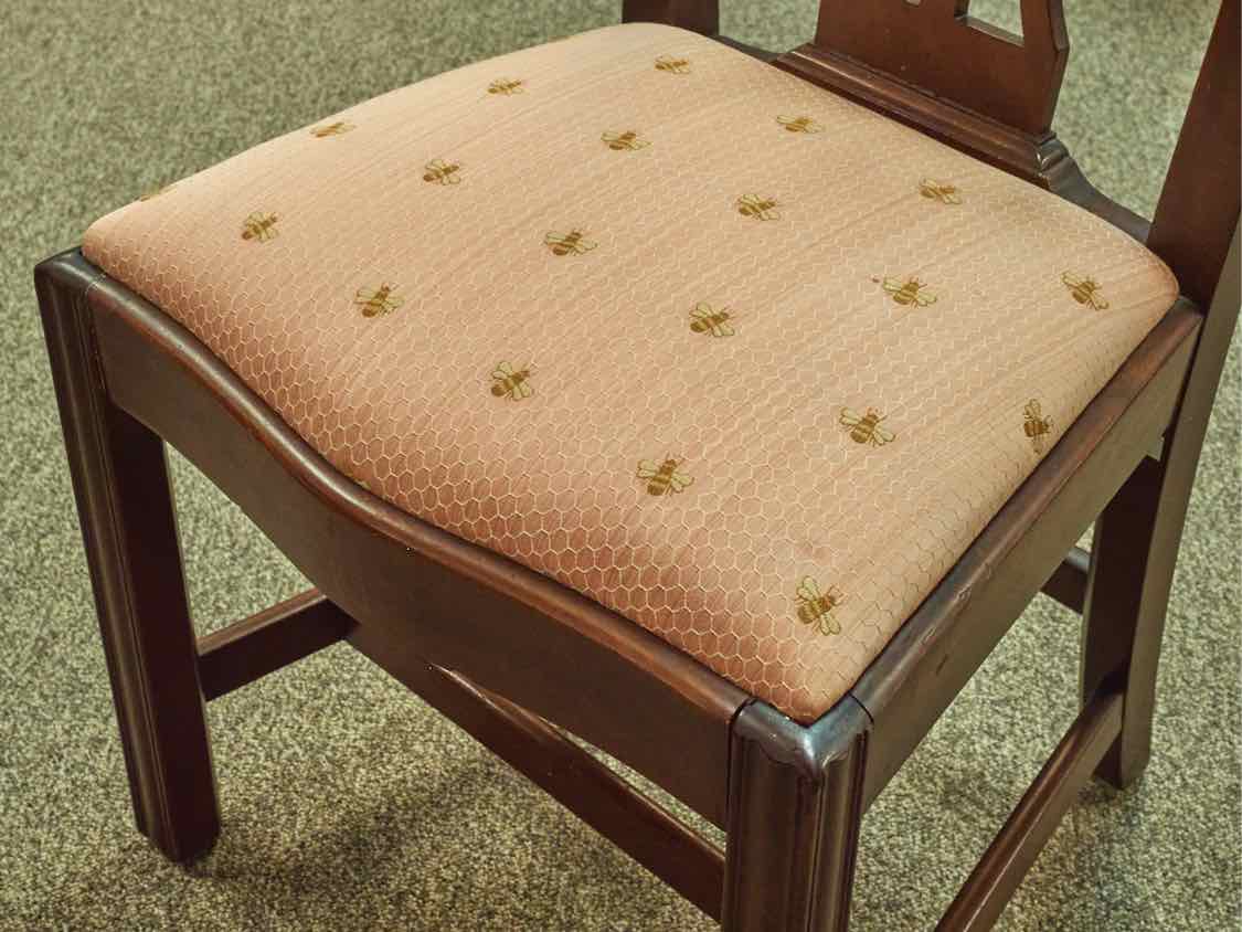 Set of 6 Chippendale Dining Chairs in Cherry with Pale Coral Bee Fabric Seats