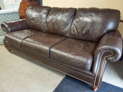 Ethan Allen Leather 3 Cushion Sofa with Brass Nailhead Trim