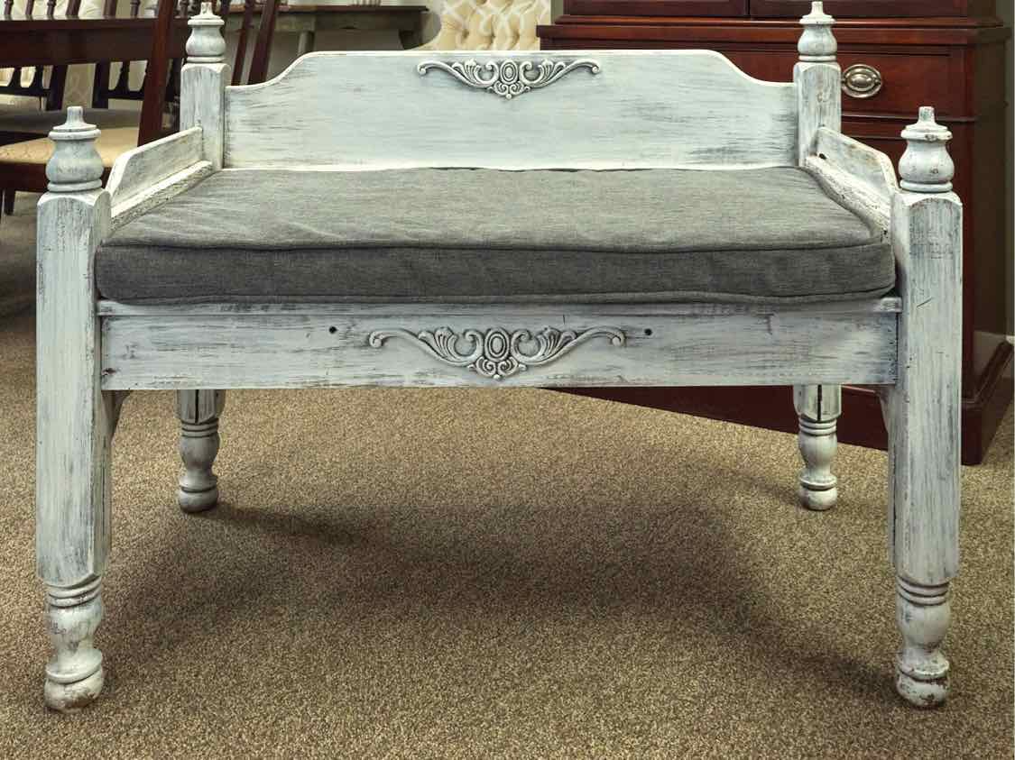 Shabby Chic Bench in Rustic White with Grey Chenille Cushion
