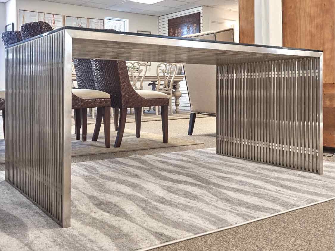 Amici Brushed Stainless Steel Dining Table with Glass Top Dining Table