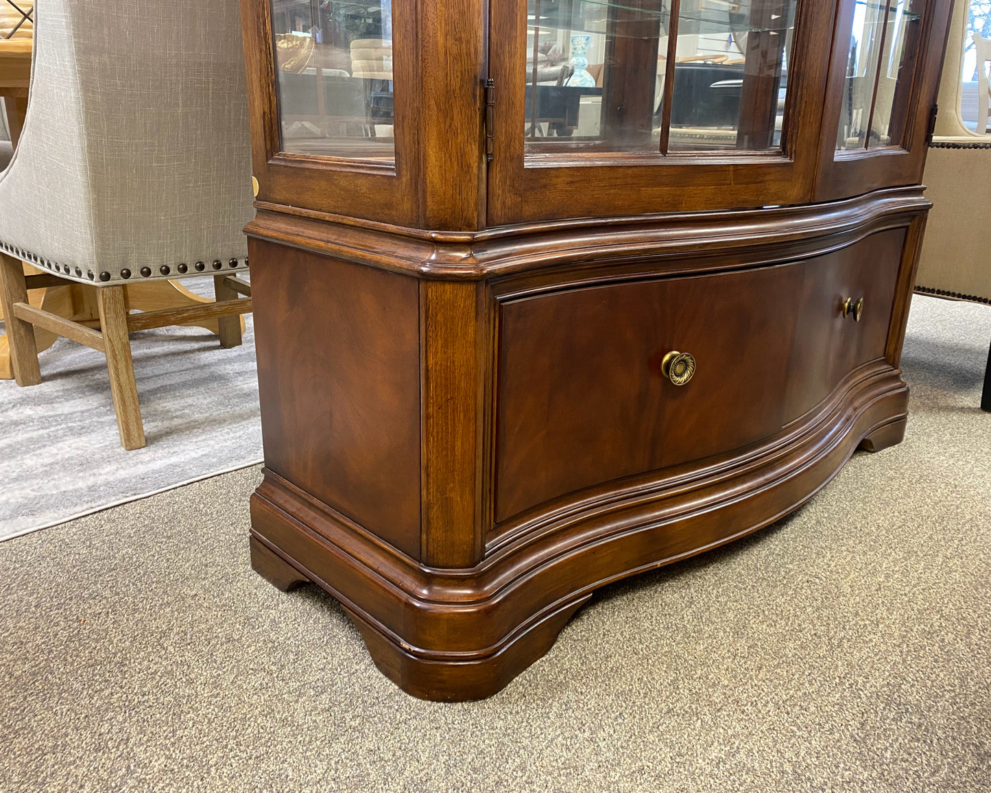 Serpentine Front Lighted Inlaid Display Cabinet with Brass Pulls