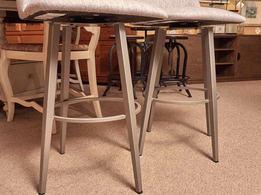 Pair Of Amisco Industries Silver Grey Upholstered Swivel Bar Stools
