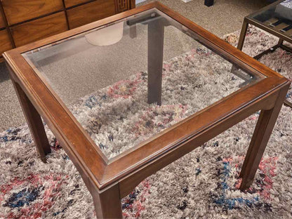Walnut Side Table with Glass Insert &  Brass Plate on Legs