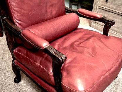 Pomegranate Red  Leather Bergere  Style Chair & Matching Ottoman