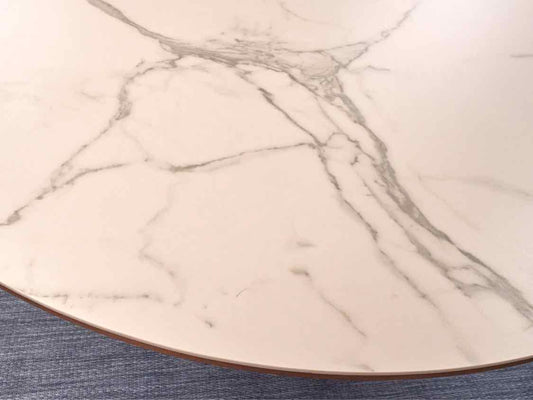 Round Walnut Finish Dining Table W/ Faux Marble Top