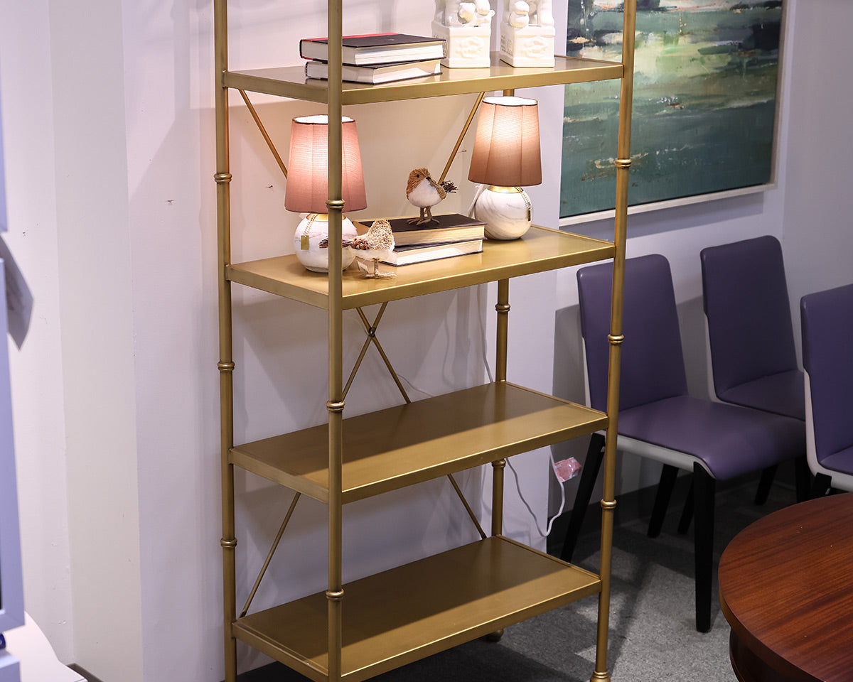 Pottery Barn Display Bookcase in Brushed Gold Finish. 4 Shelves.