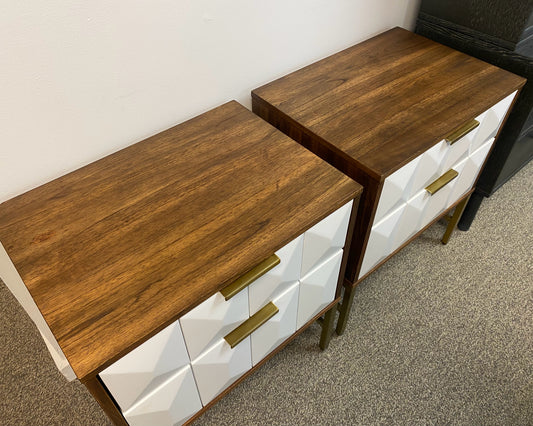 Pair of Nightstands w/Warm Wood Frame 2 Drawers in White w/Gold Metal Hardware