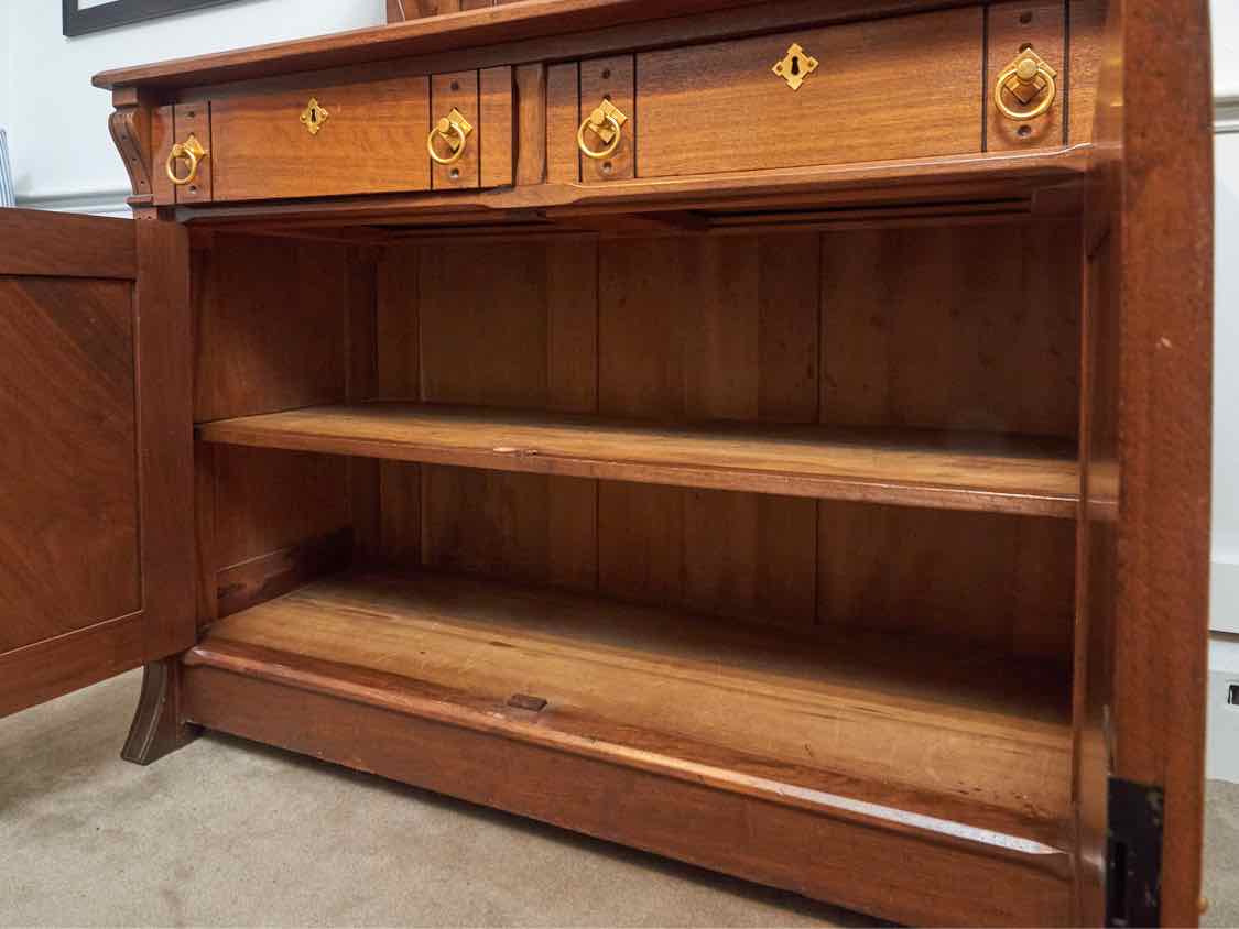 Circa 1880'2 Walnut 2 Drawer 2 Door Carved Accents  Hutch