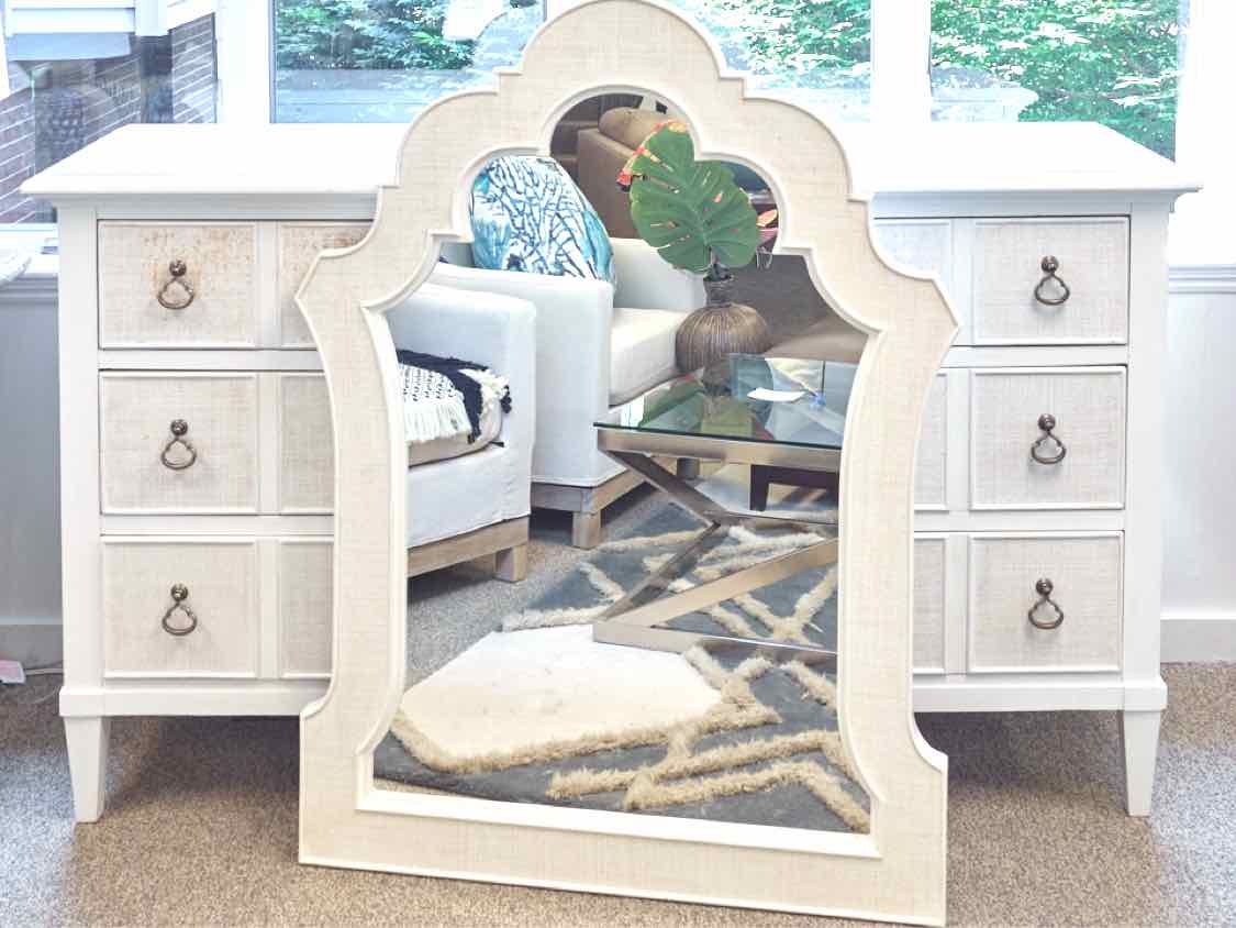 Tommy Bahama White 9 Drawer  Dresser with Rattan Drawer Fronts & Mirror