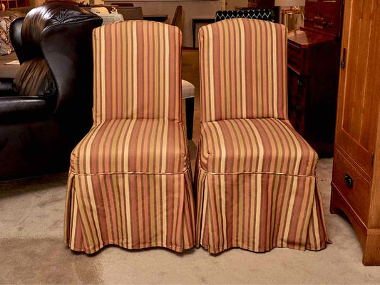 Pair of Mustard & Orange &  Sage Green Stripe Slipper Dining Chairs with Skirt