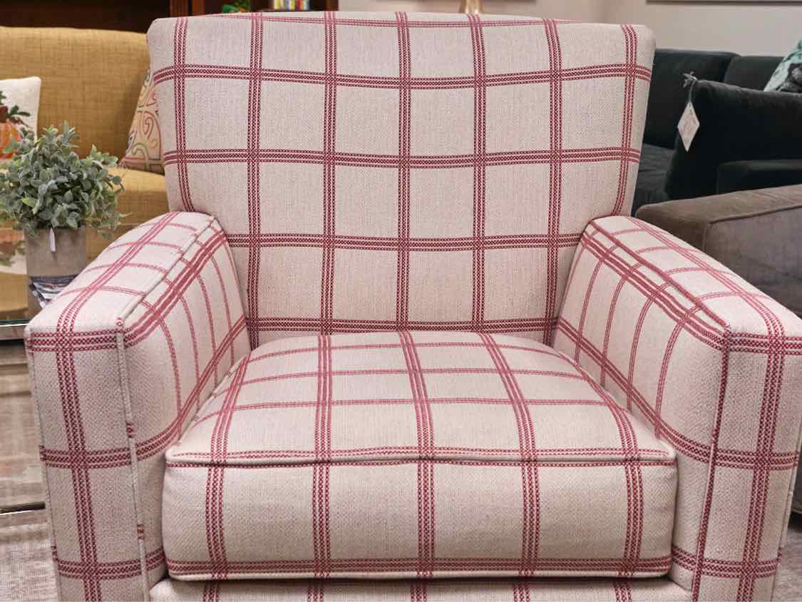 Pair of Ethan Allen 'Turner' Swivel Chairs in Red & Cream Buffalo Check