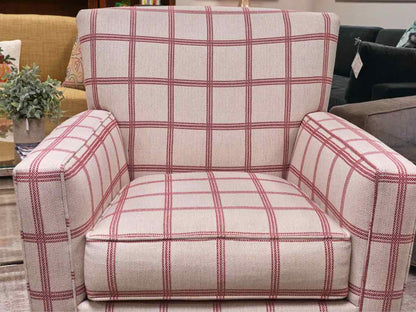 Pair of Ethan Allen 'Turner' Swivel Chairs in Red & Cream Buffalo Check